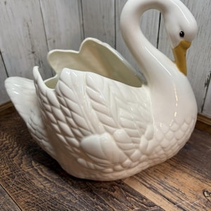 Vintage White Ceramic Swan Planter Unmarked 8.5” Tall Painted Face