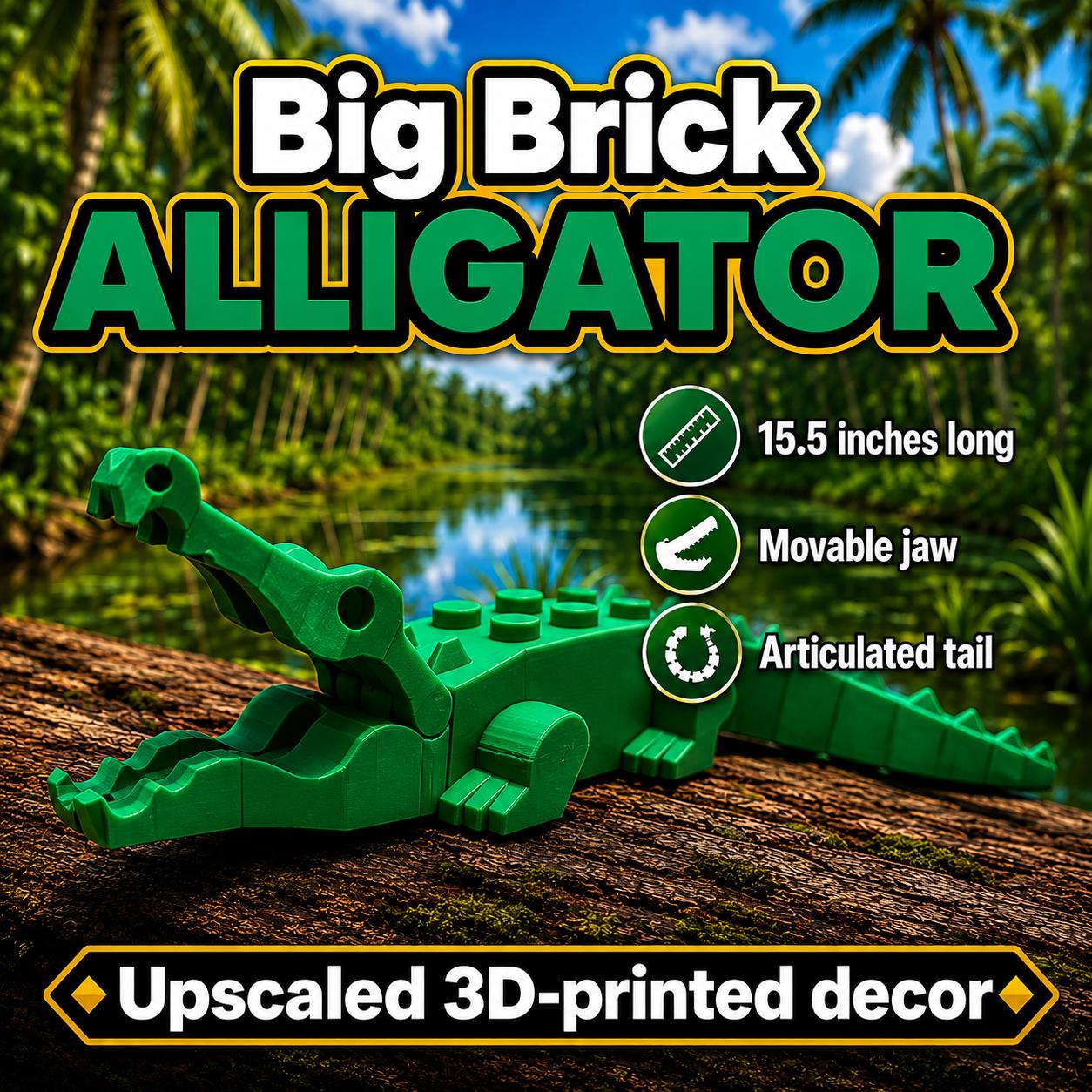3D Printed Lego-inspired Gator | 15.5 Inch Articulated Alligator