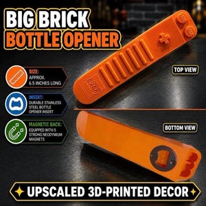 May include: An orange bottle opener shaped like a large brick, measuring 6.5 inches long. The top view shows a textured surface with the LEGO logo, while the bottom view reveals a stainless steel insert and five strong neodymium magnets.