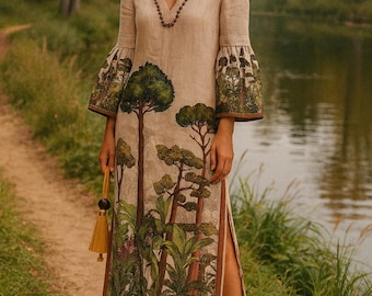 Floral Print Loose Autumn Dress, Long Flare Sleeve Autumn Dress, Ankel Length Dress, V-Neck Floral Women Dress