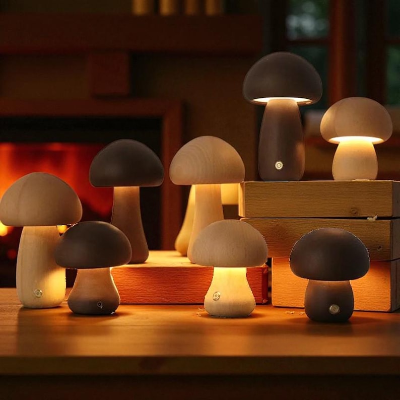 Lámpara LED artesanal de madera con forma de seta: Luz nocturna retro minimalista