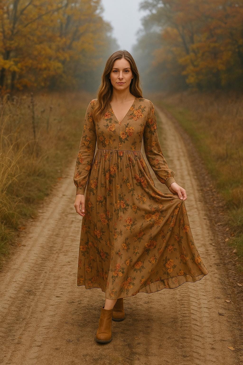 Long Floral Autumn Dress, V-Neck Bohe Maxi Dress, Long Sleeve Autumn Dress, Floral Print Dress, Autumn Women Dress