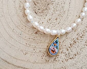 White pearl necklace with teardrop Venetian micro mosaics pendant