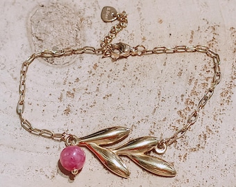Stainless steel leaf bracelet, botanical bracelet, pink agate bead jewelry, stone charm jewellery, handmade in Greece, nature bracelet