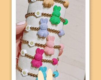 Velvet bunny bracelets, cuter Easter basket bracelets, egg hunt gifts, Kawaai adjustable jewelry, hematite beaded bracelet, made in Greece
