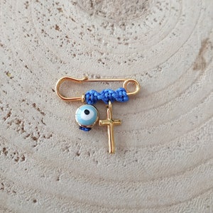 Turquoise simple cross brooch, boy evil eye safety pin, stroller charm, keepsake token, unique newborn gift, baby shower, protection lapel
