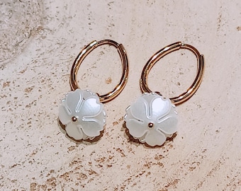 White flower hoops, stainless steel earrings, two petals forming a flower charm, floral jewelry, handmade in Greece, unique Spring jewellery