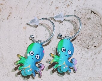 Octopus hoops, open versatile hoop earrings, marine life jewelry, Greece souvenirs, handmade huggies, summer vacation jewellery for her