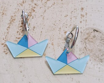 Greek boat earrings, light blue ship hoops, plexi acrylic charms, souvenir from Greece, fisherman's daughter gift, marine cruise jewelry