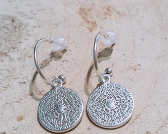 Greek phaistos disc earrings, Minoan inspired Ancient Greece jewelry, silver coin hoops, Cretan jewellery, silver medallion dangles for her