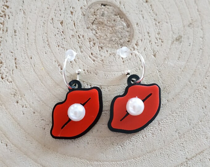 Red lips pearl hoop earrings