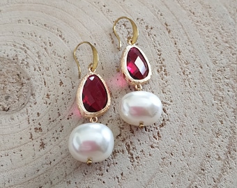 Ruby crystal dangles with white pearls