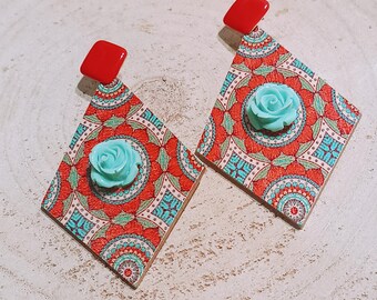 Wooden floral statement earrings, Frida Kahlo inspired, rose post dangles, boho jewelry, colorful geometric earring, unique gift for her