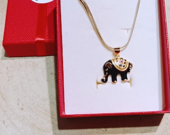 Black enamel elephant pendant with snake chain, lucky animal necklace, good karma jewelry, boho minimal jewellery, unique gift for her