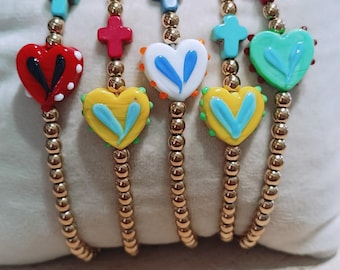 Murano glass heart bracelet, cross sacred bracelet, gold hematite jewelry, colorful jewelry, handmade in Greece, love protection presents