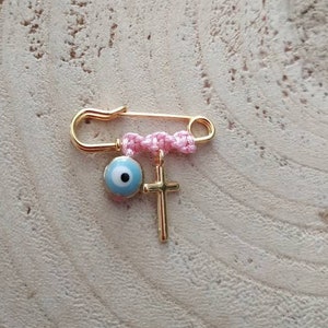 Mini slim cross brooch, baby girl keepsake token, new born pin, blessed lapel, stroller protective charm, baby shower party, made in Greece