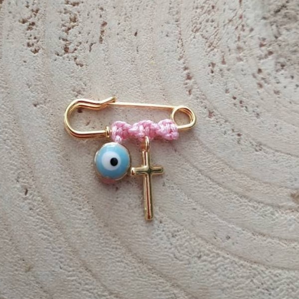 Mini slim cross brooch, light blue eye baby safety pin, stroller charm, keepsake token, newborn gift, baby shower party, protection lapel