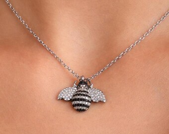 Pave bee necklace, sparkly insect pendant, elegant zirconia jewelry, symbolic charm with chain, unique gifts, made in Greece, Greek jewelry
