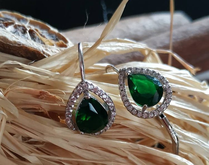 Emerald crystal lever back sterling silver earrings