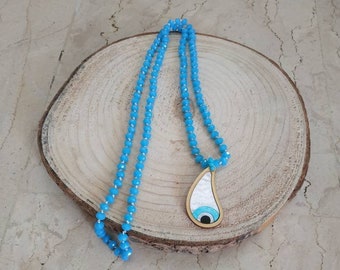 Wooden acrylic evil eye rosary necklace