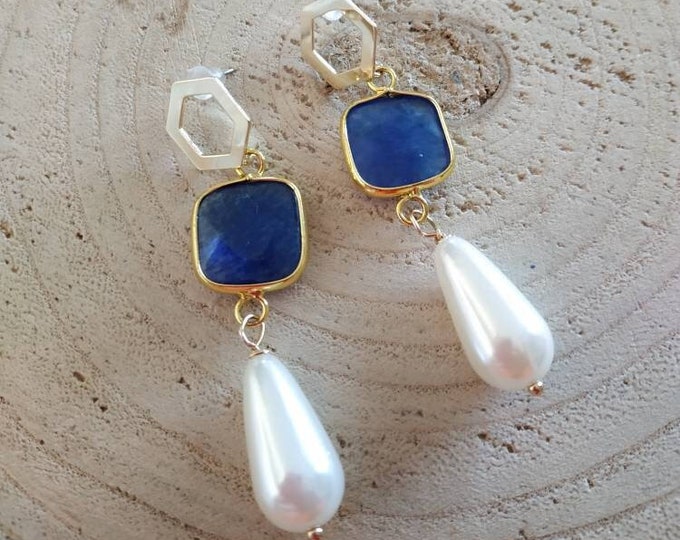 Blue crystal agate post earrings with teardrop white pearls