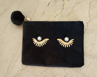 Kleine Samt Tasche, Kosmetiktasche, Kosmetiktasche, Kosmetiktasche, Augen mit Wimpern, Pom Pom Tasche, Abendtasche für Frauen, kleine Geldbörse, beste Sis Geschenk