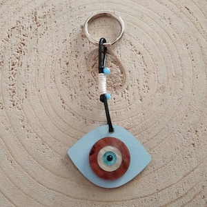 Oval evil eye wooden keyring, Greek mati keychain, keys holder charm, protection accessories, unisex lucky gifts, new home new car present