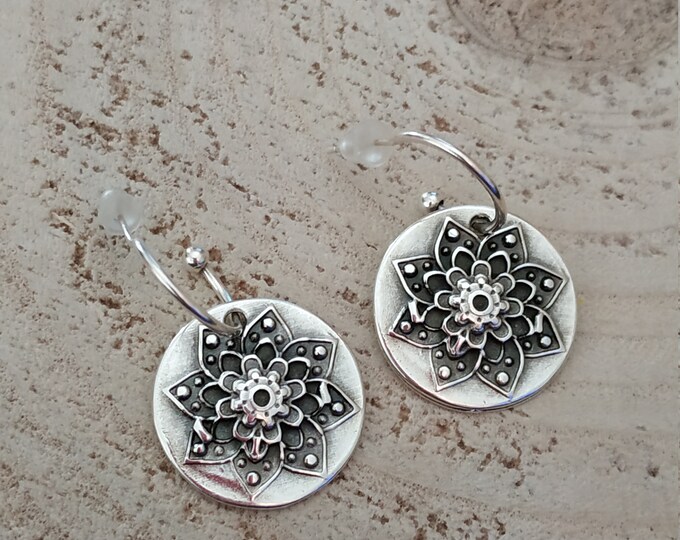 Silver flower coin hoops
