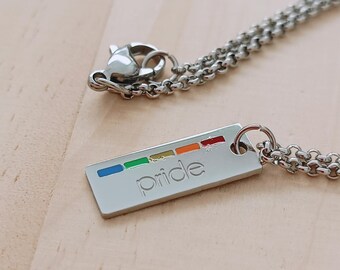 Vertical rainbow bar necklace, Pride pendant with enamels, stainless steel LGBTQ unique jewelry gift, simple unisex present, id bar charm