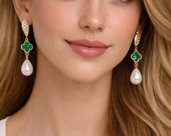 Gold clover pearl drop earrings with green stone, elegant statement jewelry, quatrefoil dangles, crystal drops, best mom gift, Greek jewelry