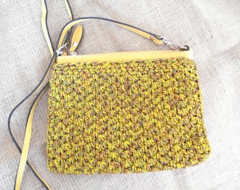 Yellow Crochet Crossbody Bag, Eco Leather Strap, Handmade Handbag