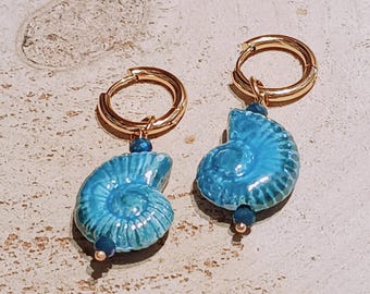 Ceramic blue shell hoops, seashell ocean earrings, coastal jewelry, turquoise mermaid jewelry, beach wedding theme, unique bridal gifts