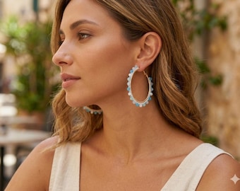 Blue beaded hoop earrings, Greek island inspired jewelry, miyuki beaded earrings, nautical jewellery, beach vibes, handmade in Greece