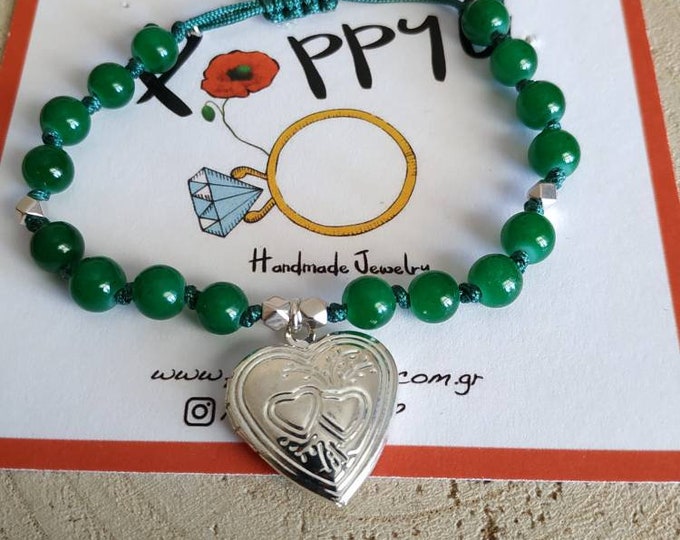 Heart photo locket green bracelet