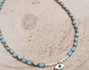 Greek Mati Sterling Silver Necklace, Light Blue Beads, Freshwater Pearls