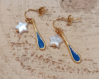 Blue teardrop earrings with mini white star beads