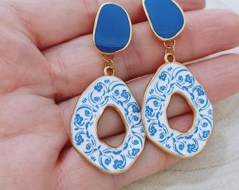 Amalfi inspired earrings, blue white enamel posts, island jewelry, summer in Greece, Greek souvenirs for her, unique hand crafted jewellery