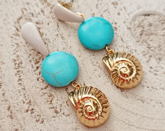 Gold shell turquoise earrings