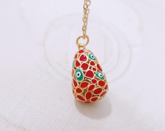 Evil Eye Red egg necklace, enamel egg pendant with chain, Faberge inspired necklace, minimal elegant jewelry, unique godmother's gifts