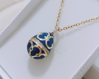 Royal blue enamel wire wrapped necklace, egg zirconia pendant with chain, Faberge inspired, minimal elegant jewelry, unique gift for her