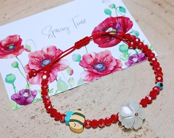 March beaded bracelet, martis jewelry, modern Greek tradition, evil eye white flower charm, polymer clay bee charm, unique family gifts