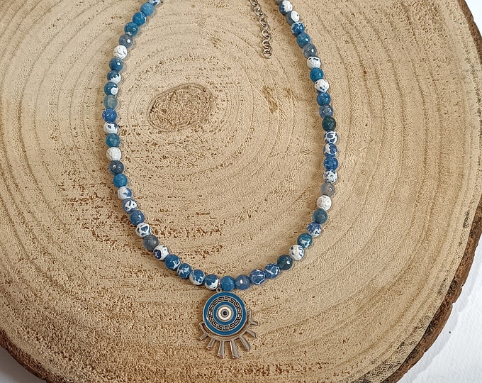 Blue agate round Greek key evil eye necklace