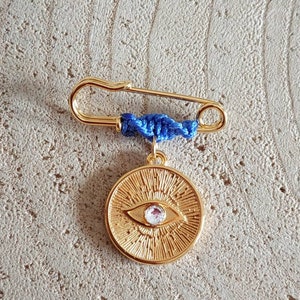 Round evil eye brooch, simple infant pin, Swarovski lapel, blue pink cord pin, baby safety pin, modern newborn gift, lapel, keepsake token