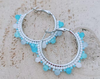 Greek island hoops, blue white beaded earrings, miyuki beaded creoles, nautical jewellery, beach vibes, vacation Greece souvenirs for her