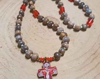 Red Orthodox prayer rope, wooden red cross with Mary's Tears, natural Job's Tears beaded rosary, Christian prayer beads, rare faith presents
