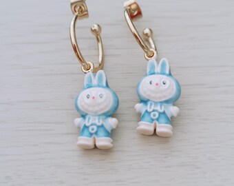 Cute bunny monster earrings, Kawaii pastel hoops, pink blue character jewelry, labu fancy creoles, unique birthday gift, jewellery trends