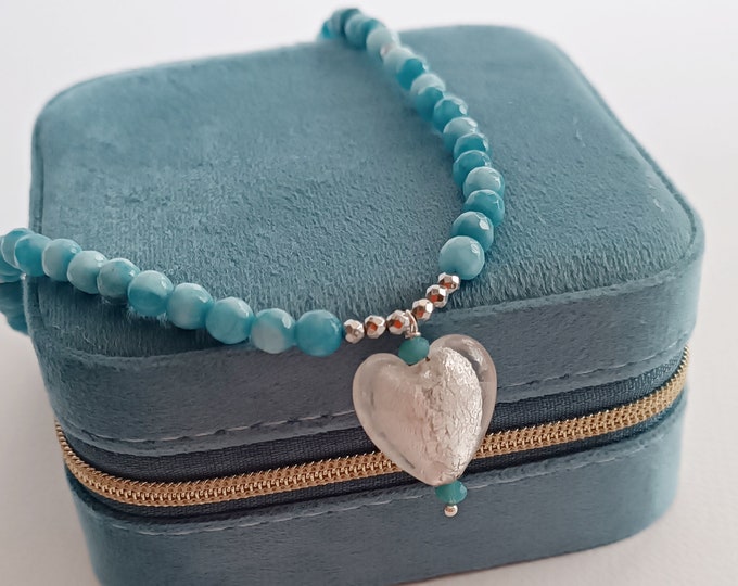 Silver foiled heart blue agate beaded necklace