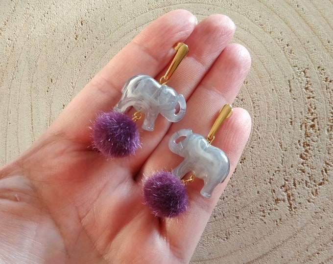 Grey elephant post dangles with purple pom poms