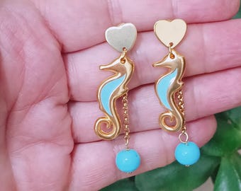 Seahorse turquoise post earrings, sea animal dangles, nautical drops, marine jewellery, fish jewelry, Greek summer vacations, unique gifts