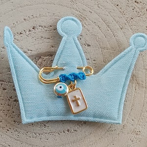 Small square filakto cross pin, baby Greek keepsake token, evil eye lapel, stroller charm, newborn baby gift, unique protection presents